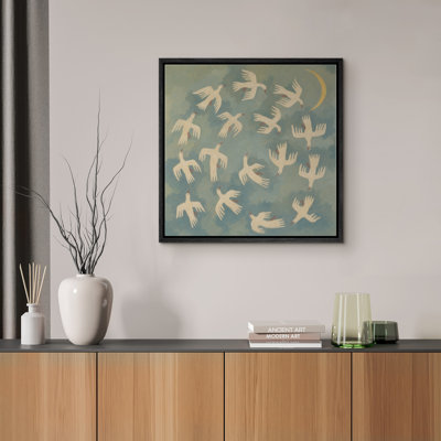 Flying White Birds in Green Sky Crescent Moon Minimal Nature Scene Framed Canvas Master Bedroom Wall Art Work Print