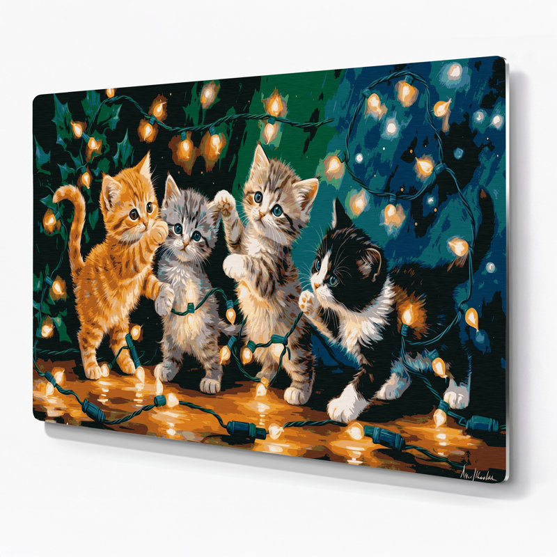 Chatons de Noël emmêlés dans des lumières de Noël, art mural en métal bleu, H 20 po x l 24 po