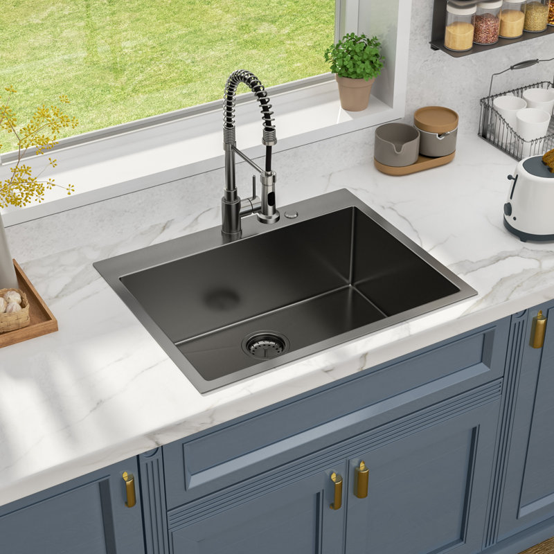28" L x 22" W Drop-in Kitchen Sink 16 Gauge Stainless Steel Kitchen Sink Topmount Single Bowl Sink, Black