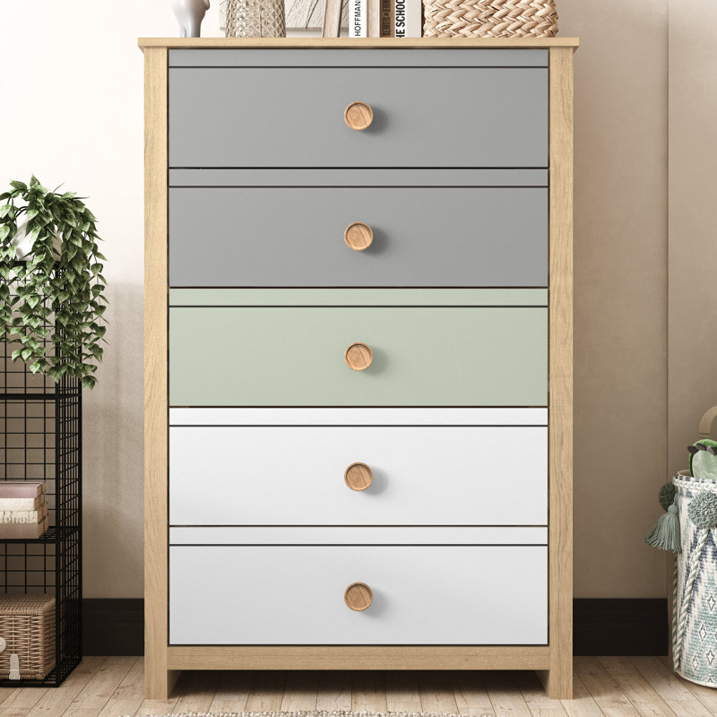 Commode à 5 tiroirs 30,7 po de largeur Bustillo, Chêne / vert sauge / blanc / gris clair