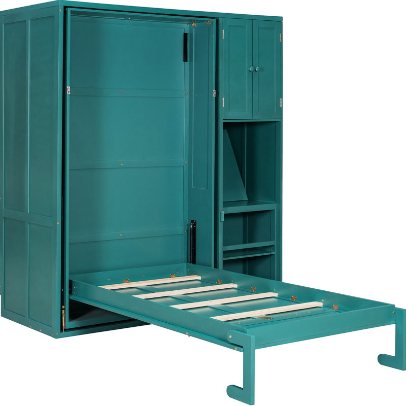 Lit simple bleu sarcelle avec capacité de rotation de 180 po, étagères peu encombrantes, bureau coulissant et cloisons de rangement supplémentaires avec tablette intégrée, tablette supérieure, pliable