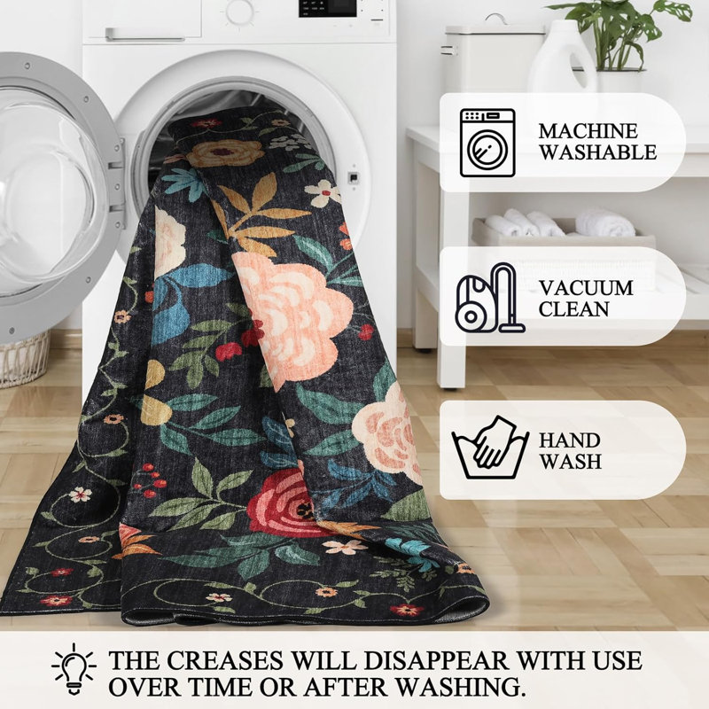 Tapis de cuisine floral lavable, Noir, Tapis de couloir 2 pi x 5 pi