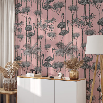 Papier peint flamant rose sur fond gris
