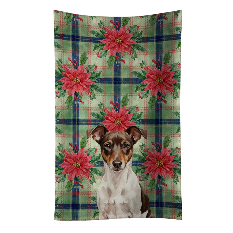 Chocolate and White Rat Terrier Christmas PoinsettIas Kitchen Towel, Chocolate/White Rat Terrier