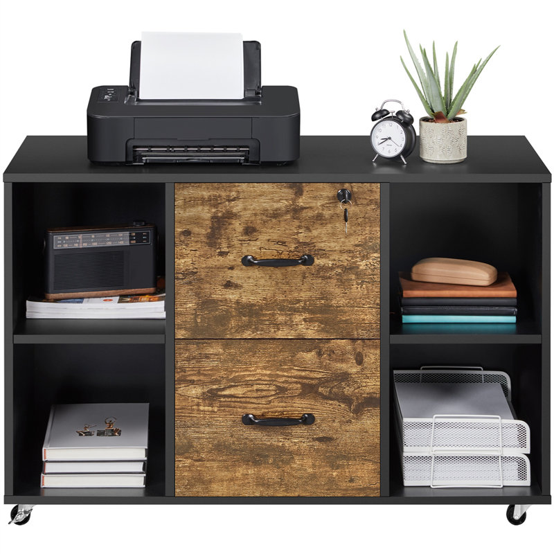 Elisavet 39.5″ Wide 2-Drawer Mobile Lateral Filing Cabinet, Black/Rustic Brown