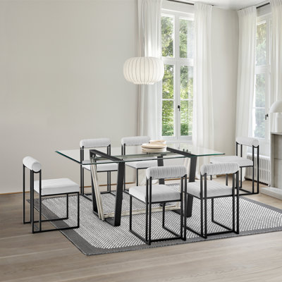 Mirriah 7 Piece 72" Wide Rectangular Glass Dining Table Set with Metal Frame and Upholstered Chairs