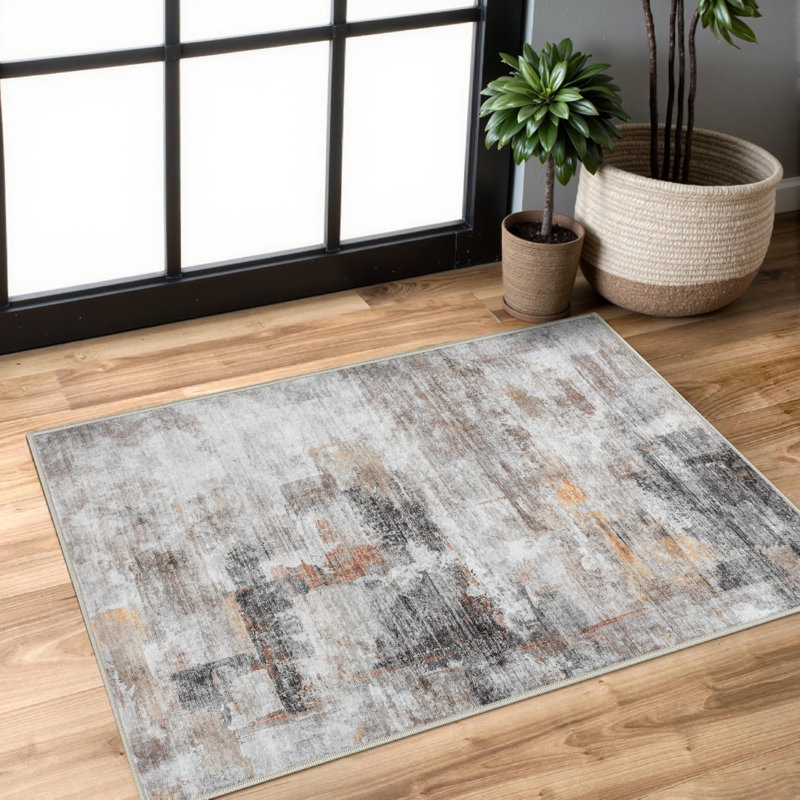 Tapis abstrait lavable à la machine avec envers antidérapant Amott, Gris / rouge, 0.28", Rectangulaire 2 pi x 3 pi