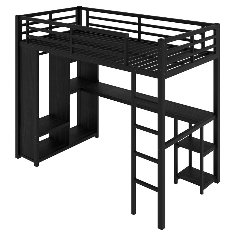 Lit mezzanine avec garde-robe intégré, bureau et tablettes de rangement