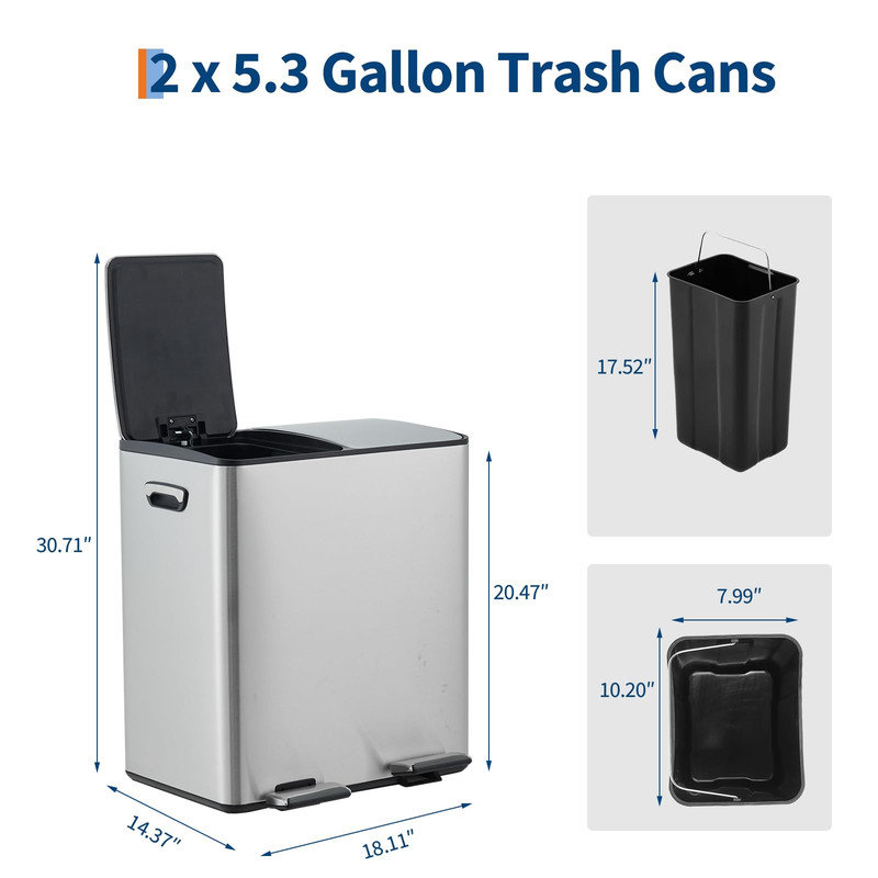 Poubelle de cuisine à double compartiment 40L - 2 bacs de recyclage et de déchets de 20L avec couvercle à fermeture en douceur, pédale, contrôle des odeurs