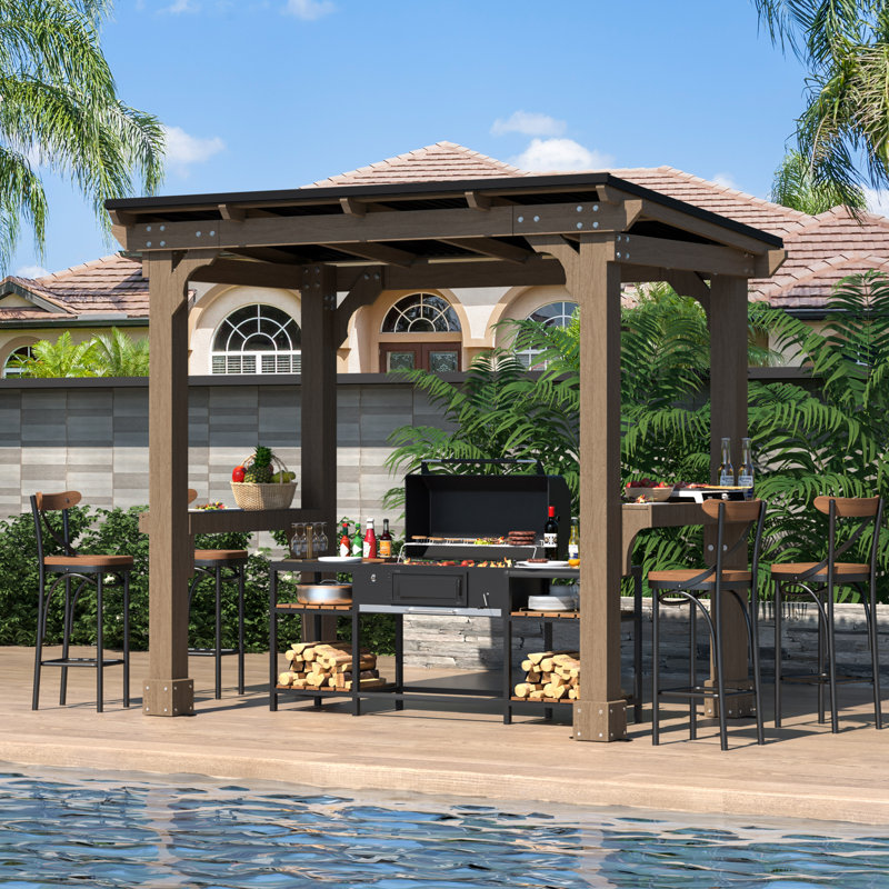 Solid Wood Grill Gazebo, Carport Gazebo with Hardtop Steel Roof 8x5Ft, 8 ft x 5 ft
