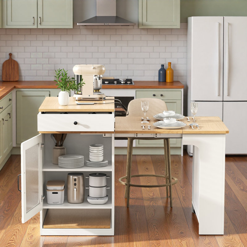 Îlot de cuisine avec table de salle à manger extensible, rangement double face, 2 tiroirs, prise de courant et tablettes latérales ouvertes