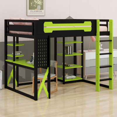 Modern Wood Loft Bed with Desk, Storage Shelves, Charging Ports & RGB Light