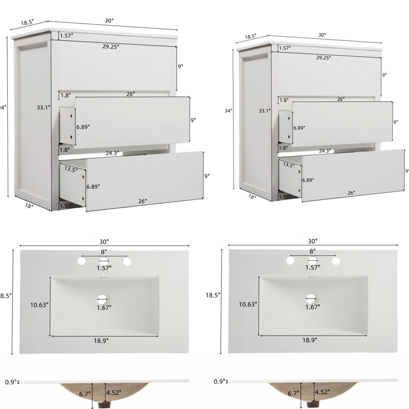 Meuble-lavabo blanc de 60 pouces avec deux lavabos en céramique séparés, système de 45 tiroirs biseautés, - fonction d'évier, grand espace, idéal pour les décorations contemporaines, fermeture en douceur sous le comptoir,