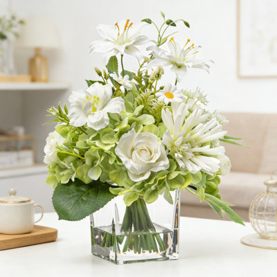 Realistic Silk Flower Arrangement In Glass Vase With Faux Water, Artificial Peony Rose Lily Floral Centerpiece For Home Office Table Decor