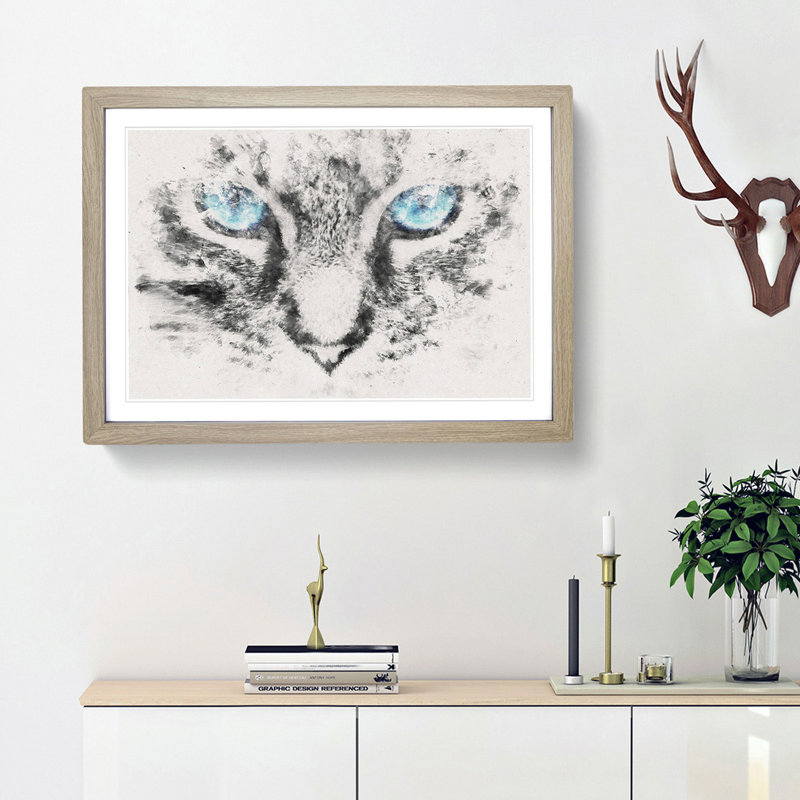 Bright Blue Cat Eyes - Picture Frame Graphic Art Print, 40cm H x 60cm W x 2cm D, Oak Framed