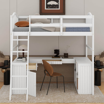 Twin Size Loft Bed With Drawers, Cabinet, Shelves And Desk, Wooden Loft Bed With Desk