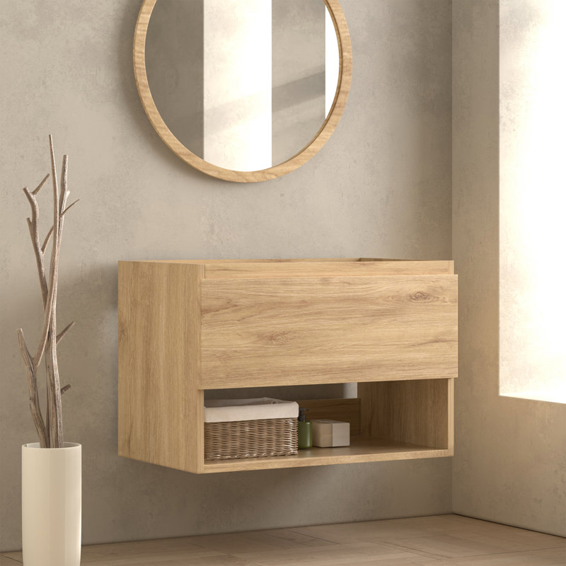 Wall-Mounted 30" Single Bathroom Vanity Base Only With Open Shelf In Natural  (Sink Not Included), Oak