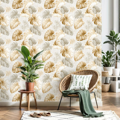 Peel and Stick Wallpaper Tropical Monstera Palm Leaf Neutral Beige Gold Tones Contact Paper Removable Self Adhesive Wall Mural Wall Decor for Bedroom Kitchen Cabinets 17.7in x 118in