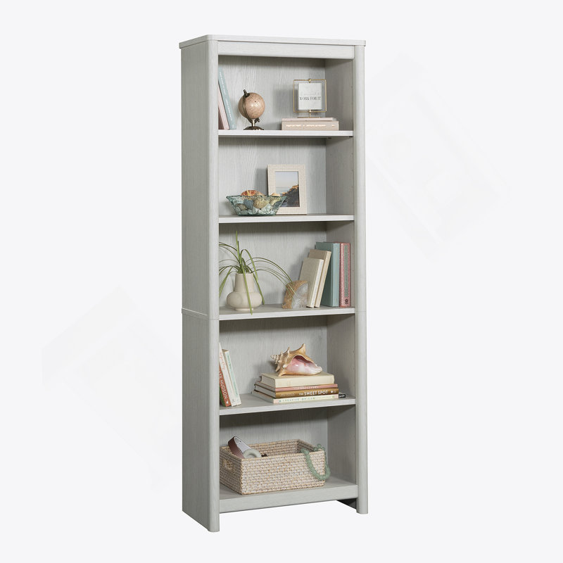 Bibliothèque à 5 tablettes avec tablettes réglables et gestion des câbles, solution de rangement blanche peu encombrante pour la maison ou le bureau.