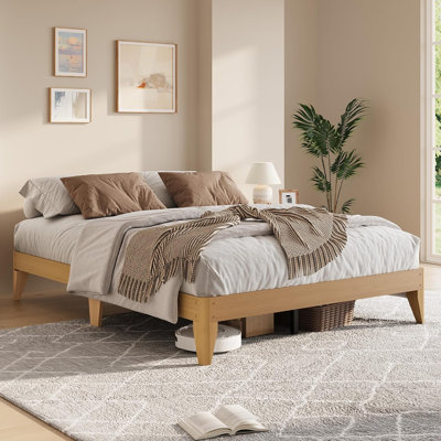 Structure de lit plateforme en bois pour grand lit, pieds en bois et support de lattes en bois, structure centrale en métal robuste, aucun sommier requis, assemblage facile, bois naturel