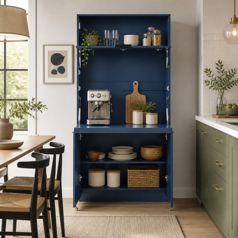Buffet compact de 91 cm avec vaisselier et poste de travail pliable, Bleu