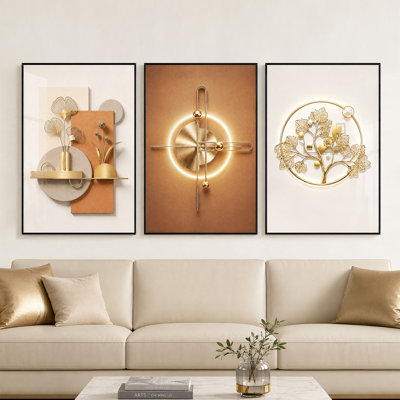 Ensemble de 3 art mural moderne encadré géométrique moderne, revêtement en cristal beige doré