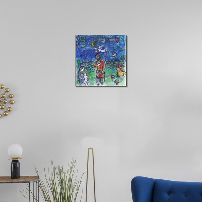 Impression sur toile, "Le Village" par Marc Chagall, 28 po x 28 po, Cadre mince noir
