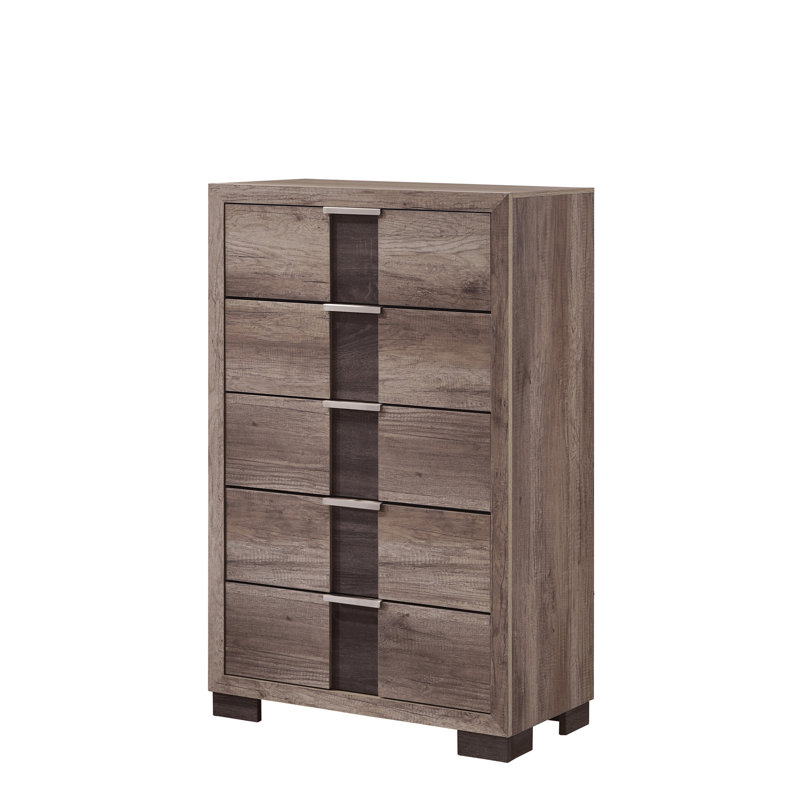 Commode contemporaine 1 pièce à cinq tiroirs avec boutons en métal et meubles en bois pour chambre à coucher, Brun