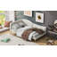 Lit de jour simple tapissier avec tête de lit et accoudoirs, pieds de soutien, beige