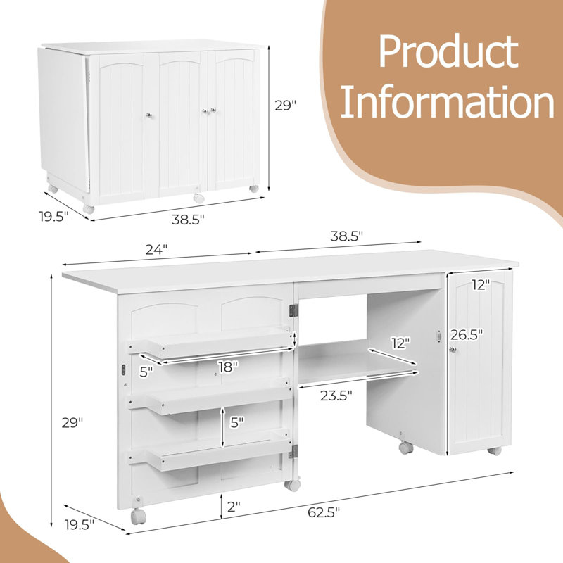 Table de machine à coudre pliable 62,5 "x 19,5", Blanc