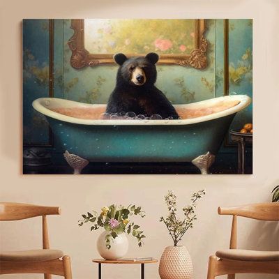 1Pc Framed Canvas Poster Print Black bear taking a bath, vintage bathtub, classical oil painting style Wall Art, Wall Decor, Perfect for Room Decor Living Room Bedroom Office Kitchen Bathroom Home Decor, Rustic & Modern Ideal Home Wall Decoration
