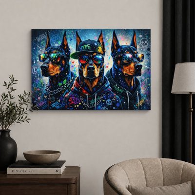 Cool Doberman Graffiti Portrait Artwork, Game Room Pictures, Framed Canvas Giclee Print Wall Art