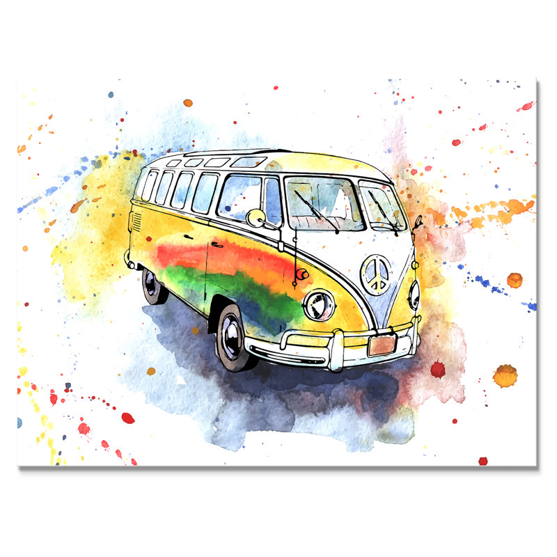 «Retro Grungy Hippy Bus», peinture sur toile, H 24 po x l 32 po x P 1 po, Toile tendue
