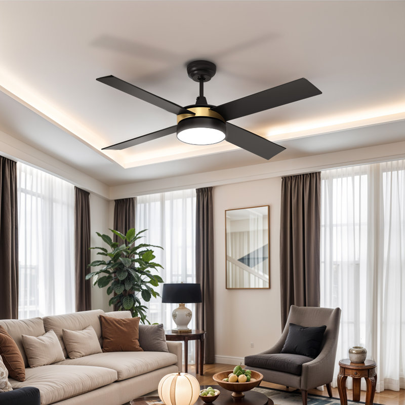 Basilio 52'' Large Indoor Ceiling Fan with LED Lights, and 4 Blades, Black