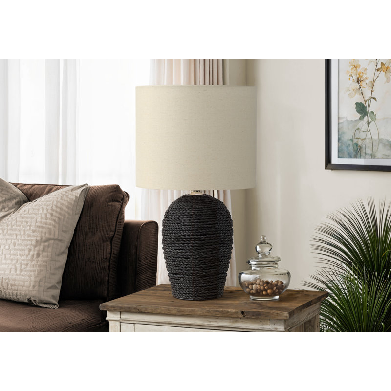 Lighting, H 17 po, lampe de table, rotin naturel, abat-jour beige, transitionnel, Noir, noir, noir, noir