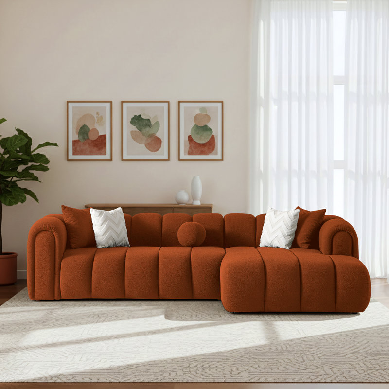 Daventry Channel-Tufted Bouclé L-Shaped Sectional Sofa & Chaise With Accent Pillows, Burnt Orange Boucle