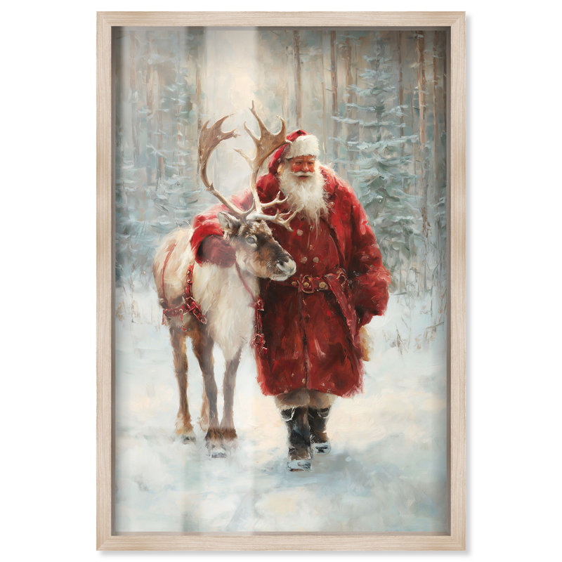 Décoration de Noël «Santa and His Reindeer Shadowbox» par Art Remedy, cadre noir, 11 x 16, H 55 po x l 37 po, Cadre blond