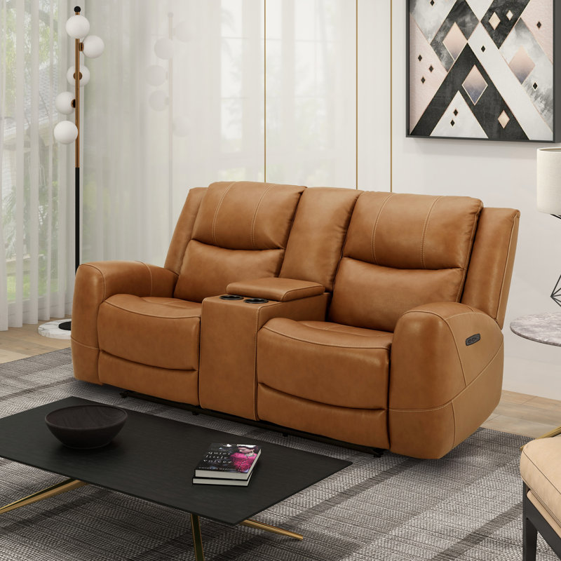 Lark Manor™ Cynita Leather Power Dual Recling Loveseat with Console, Chesapeake Blue, Silverado Butternut
