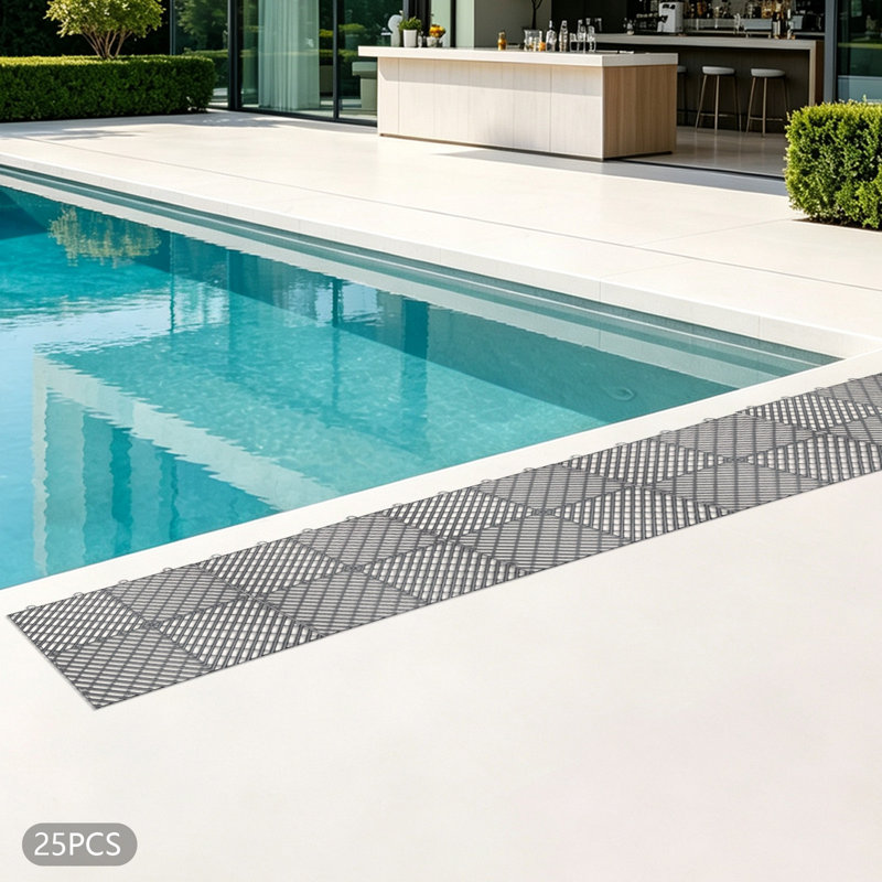 Lot de 25 dalles de terrasse extérieures emboîtables en polypropylène graphite, avec drainage, antidérapantes et faciles à clipser, idéales pour balcon, garage ou piscine (30 x 30 cm).