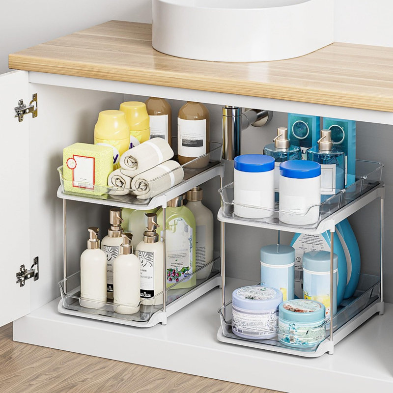 Rangement de salle de bain sous le lavabo à 2 niveaux et rangement polyvalent, rangement pour garde-manger empilable, blanc, paquet de 2