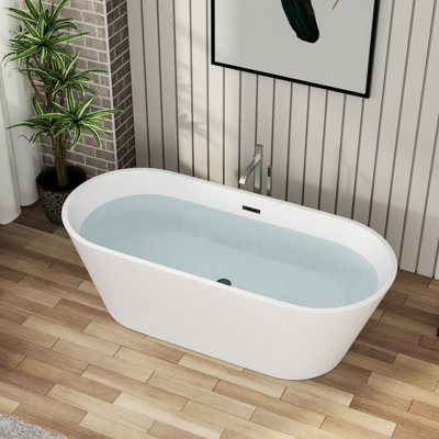 67"L x 31.5"W Oval Freestanding Soaking Acrylic Bathtub with Matte Black Pop Up Drain and Overflow Hole