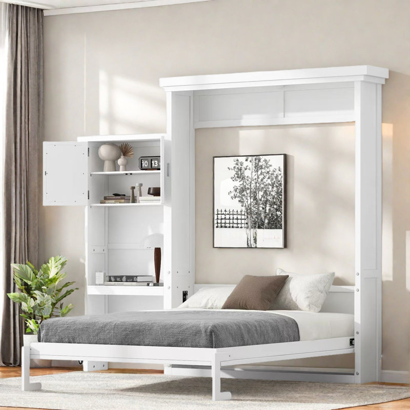 Lit escamotable avec tablettes de rangement et décoration à persiennes, Blanc