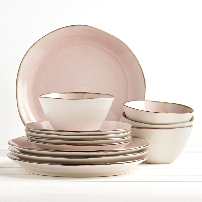 Pink Ceramic 12-Piece Stoneware Bella Dinnerware Set