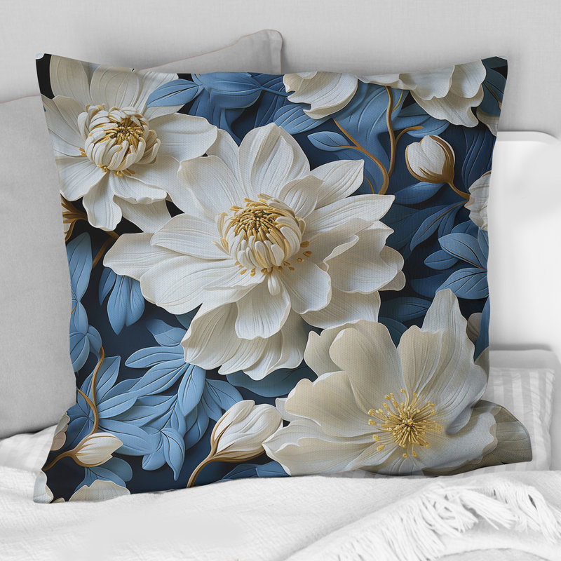 Coussin décoratif imprimé floral bleu et blanc VII, H 18 po x l 18 po