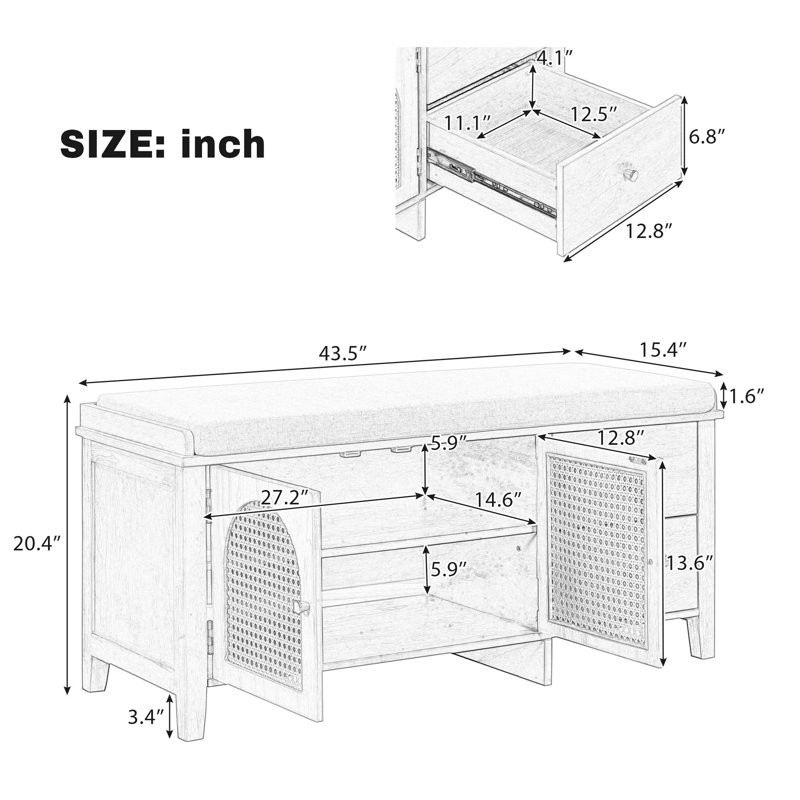 Trexm Vintage Shoe Storage Bench With Cushion And Drawers - Ideal Entryway Organizer