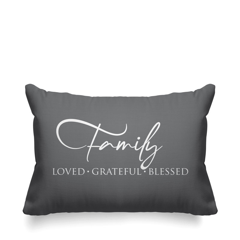 Famille Aspire: Housse et insert de coussin rectangulaire extérieur bien-aimé, reconnaissant et heureux, gris