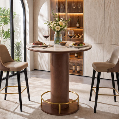 31.5" Round Dining Table, Modern Counter Height Table with Sintered Stone Top and Solid Rubber Wood Pedestal Base for 2-4 People