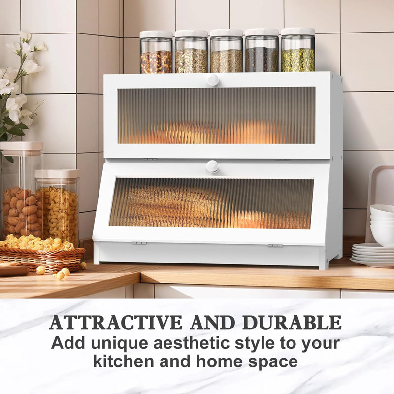White Double Layer Bamboo Bread Box with Frosted Glass