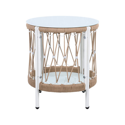 17.4" Outdoor Side Table Featuring Bohemian Appearance, - Rope And Glass For Patio Setting With Charm, Woven Tabletop Powder-Coated Frame Various Uses