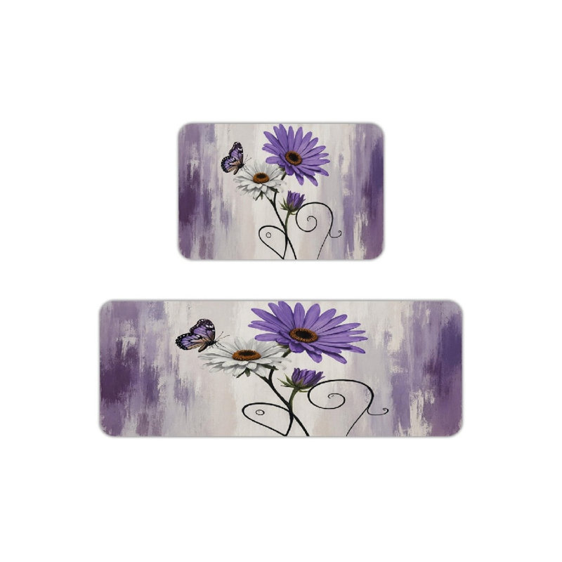 Marguerite mauve, ensemble de 2 tapis de cuisine, Mauve / marguerite grise